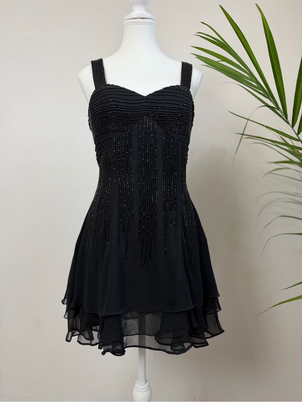 Precious Formals Black Silk Beaded Cocktail Dress